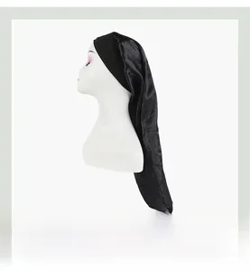 Detail view of the black satin long sleep cap with wide elastic band and adjustable fit
