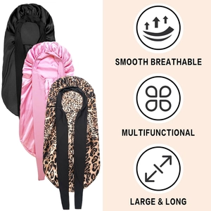 Three-piece set of long satin bonnets in black, pink, and leopard print for long hair care