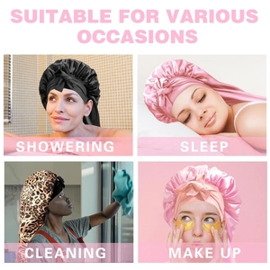 Satin sleep cap for women shown in shower, sleeping, cleaning, and makeup scenes