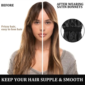 Detail der Satin-Schlafmütze mit Vorher-Nachher-Ergebnis für Anti-Frizz-Haarschutz