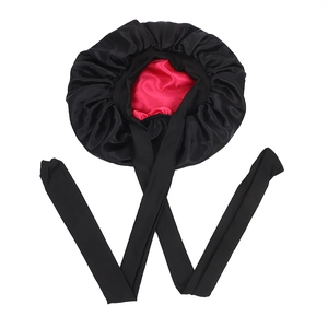 Double-layer satin bonnet in black and pink with elastic band and wide bow ribbons