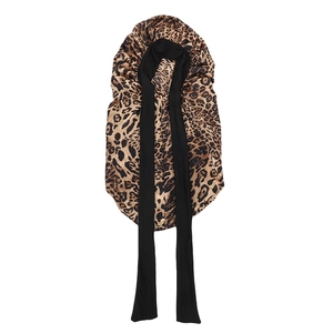 Leopard print satin sleep cap with long black ribbons and elastic edge for hair care