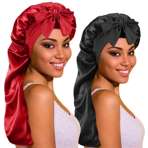 Long satin bonnet with bow tie for hair protection in red and black colors
