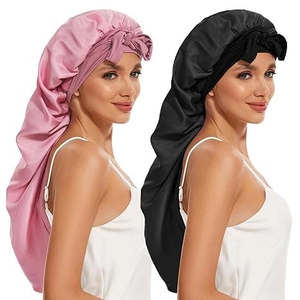 Lot de deux bonnets de nuit longs en satin rose et noir avec large bandeau à nœud