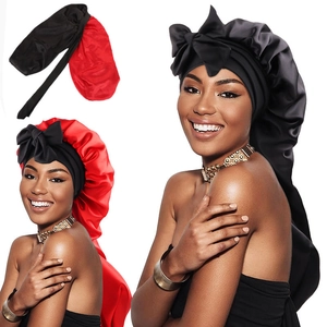 Bonnet de Sommeil en Satin Double Couche Tube Long Soin des Cheveux Avec Large Bande Élastique Ruban Nœud pour Femme Cheveux Longs