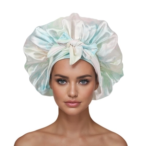 Floral print satin silk sleep bonnet with adjustable bow tie for long hair care