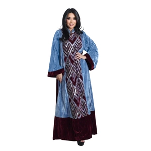 Detail of the blue and burgundy velvet patchwork abaya with sparkling geometric sequins