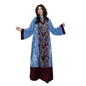 Detail of light blue velvet abaya with dark red patchwork and sequin geometric pattern