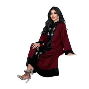 Detailed floral beadwork and embroidery on burgundy velvet patchwork modest abaya