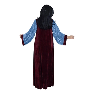 Rear view of velvet abaya robe featuring contrast color stitching in burgundy and blue