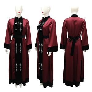 Detailed views of burgundy satin abaya with velvet panels and crystal beadwork embroidery
