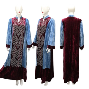 Detailed views of velvet patchwork caftan with silver diamond rhinestone patterns