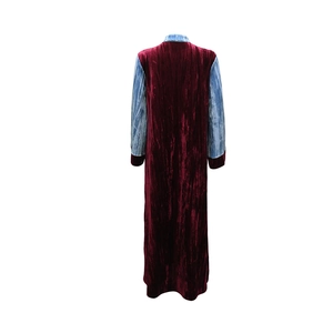 Rear view of velvet robe showing burgundy body and light blue contrast sleeves