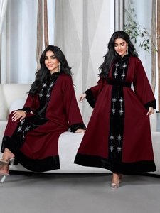 Elegant burgundy Abaya with black velvet panels and star rhinestones in A-line cut