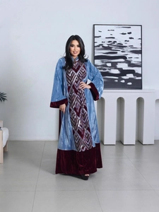 Light blue velvet kaftan abaya with geometric embroidery and sequin detail for women