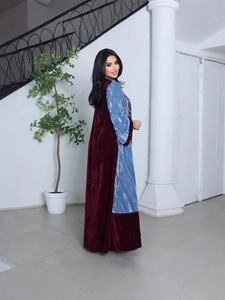 Elegant burgundy velvet and light blue satin patchwork Abaya robe for women
