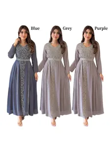 Élégante Robe Maxi en Mousseline Col en V Manches Longues Broderie Ethnique Strass Abaya Kaftan de Soirée Avec Ceinture