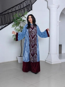 Light blue velvet long dress with red patchwork and geometric sequin embroidery detail