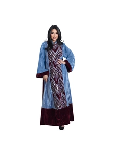 Light blue velvet kaftan robe with sequined geometric patterns and burgundy trim