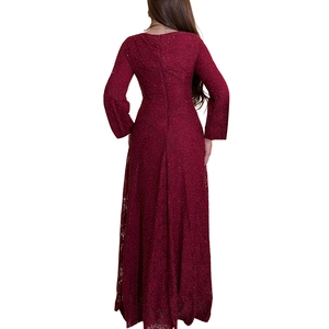 Detail of burgundy lace dress featuring sparkling rhinestones and a hidden back zipper