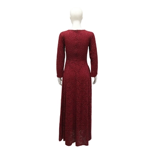 Detailed back view of wine red lace maxi dress featuring silver sequins and invisible zipper