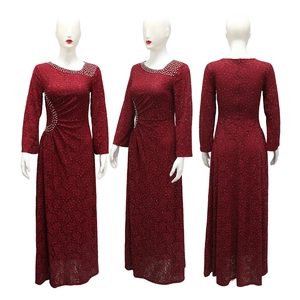 Detail of burgundy lace dress with rhinestones showing front, side and back views