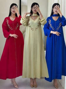 Elegante Vestito Maxi da Donna Scollo V Manica Lunga Ricamo Paillettes Strass Perline Musulmano Abaya Kaftan per Festa Matrimonio