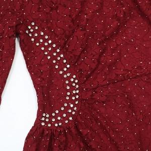 Macro view of lace dress with sparkling rhinestones and floral embroidery on burgundy fabric