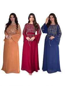 Abito Lungo Elegante in Chiffon con Strass da Donna Abaya Kaftan Medio Oriente Manica Lunga a Campana Abito Formale da Sera