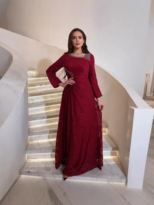 Women Elegant Lace Rhinestone Maxi Dress Long Sleeve Round Neck Burgundy Evening Gown Banquet Party Formal Dress