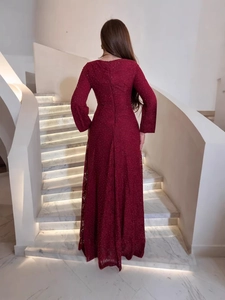 Elegant burgundy lace maxi dress with rhinestones and long sleeves for formal evening events