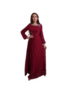 Elegant slim fit wine red lace long dress with sequin details and flared A-line skirt