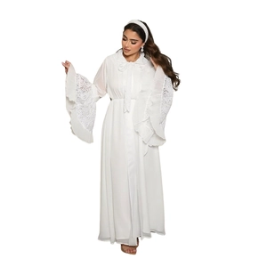 Detail of white long dress featuring lace-trimmed pleated bell sleeves and a bow neckline