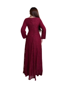 Elegant burgundy long-sleeved lace evening dress with rhinestones and slim fit design