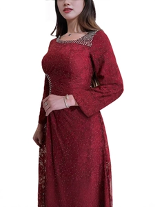 Elegant wine red lace dress with rhinestone collar detail and slim-fit long skirt