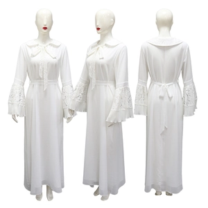 Detailed views of white chiffon long dress with lace collar and flare cuffs