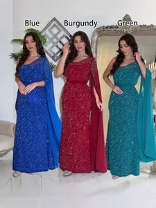 Élégante Robe de Soirée en Mousseline Strass Une Épaule Manche Cape Robe Maxi avec Ceinture pour Mariage Formel Femme