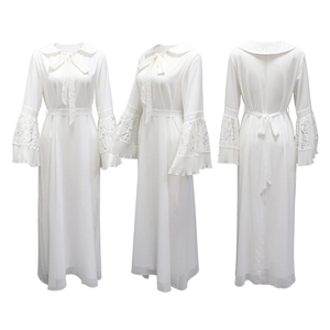 Detailed views of white long-sleeved dress with lace Peter Pan collar and pleated cuffs