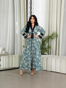 Women V Neck Tassel Floral Print Maxi Dress Long Sleeve Lace Sequin Ethnic Kaftan Abaya Loose Bohemian Party Dress