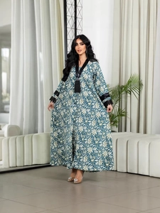 Floral print V-neck kaftan maxi dress with black lace trim and tassel details