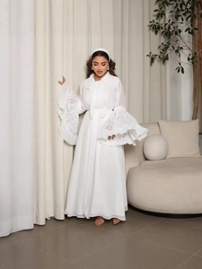 Elegant white long-sleeve abaya dress with layered lace flare sleeves and waist belt