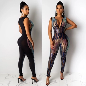Women's deep V-neck sequin jumpsuit with high waist and colorful geometric patterns