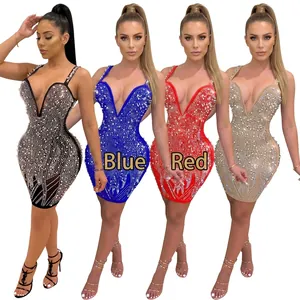 Robe Mini Sexy Col en V pour Femmes avec Strass et Fausses Künstliche Perles Maille Moulante Sans Manches Robe de Soirée
