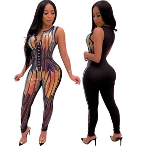 Women Sexy Sequined Jumpsuit Sleeveless Deep V Neck Slim Fit Bodysuit With Geometric Pattern Nightclub Party Fashion Long Pants