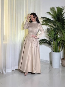 Elegant Satin Muslim Evening Gown Beaded Sequins 3D Floral High Neck Puff Sleeve Formal Maxi Dress For Banquet Wedding Women
