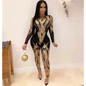 Sexy long sleeve sequin jumpsuit with gold embroidery and sheer black mesh details