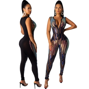 Sleeveless deep V-neck jumpsuit with shimmering colorful sequins and high waist fit