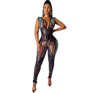 Women's sequin jumpsuit with deep V-neck and wave pattern for party and club wear