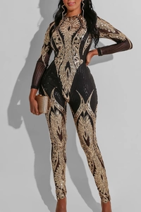 Detailed close-up of sequined embroidery on long-sleeved sheer party jumpsuit
