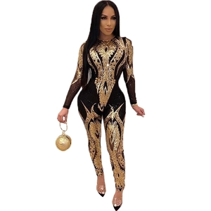 Sexy long sleeve sheer jumpsuit with gold sequins and baroque patterns for parties